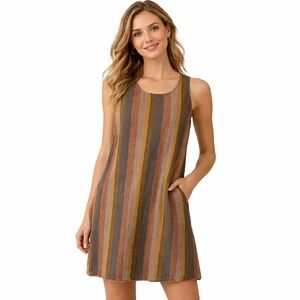 Garnet Hill Multi-Striped 100% Linen Shift Dress Sleeveless Raw Hem Pockets SZ 8